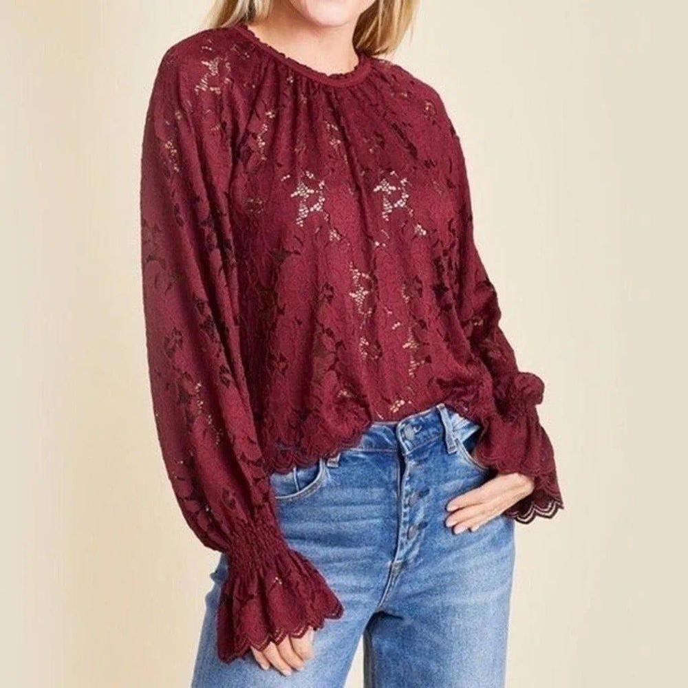 Free People Lace Blouse Wine Burgundy XS NWT Boho Romantic Coquette Top NEW